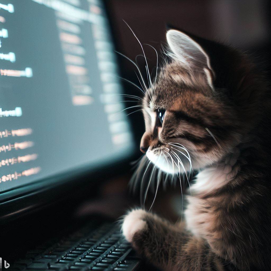 PCでプログラミングをしている猫の画像